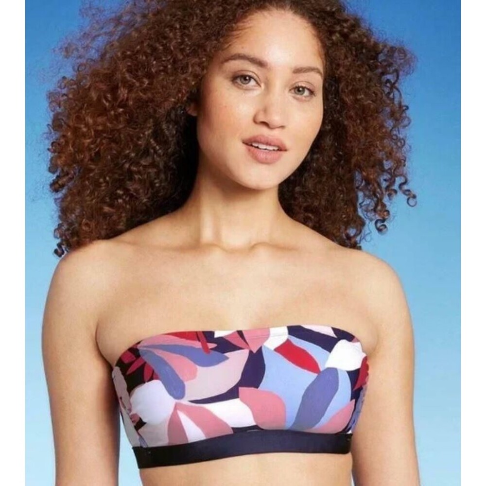 NEW Multicolored Sz Large Beach Pool Removable Pads & Straps Halter Bikini Top